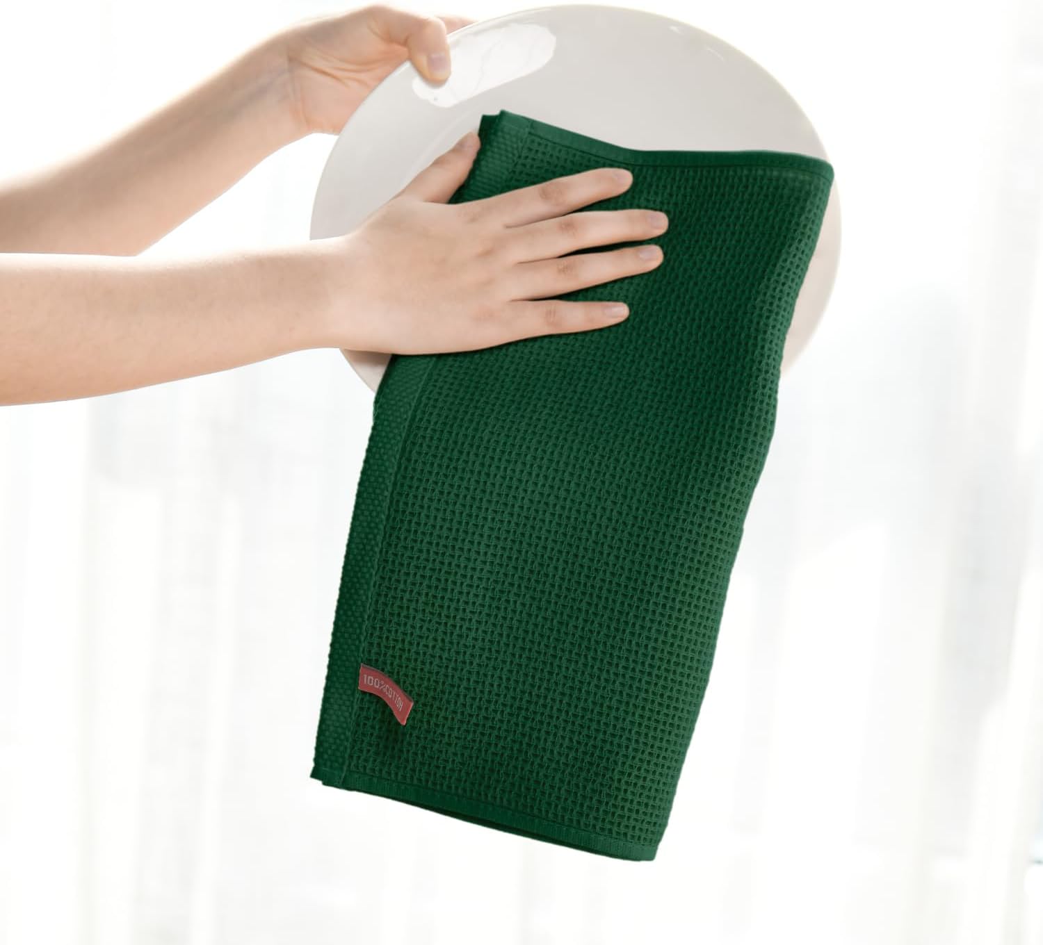 Artoid Mode 100% Cotton Dark Green Waffle Weave Kitchen Dish Cloths, 12x12 Inch Ultra Soft Absorbent Quick Drying Kitchen Dish Towels Set of 6