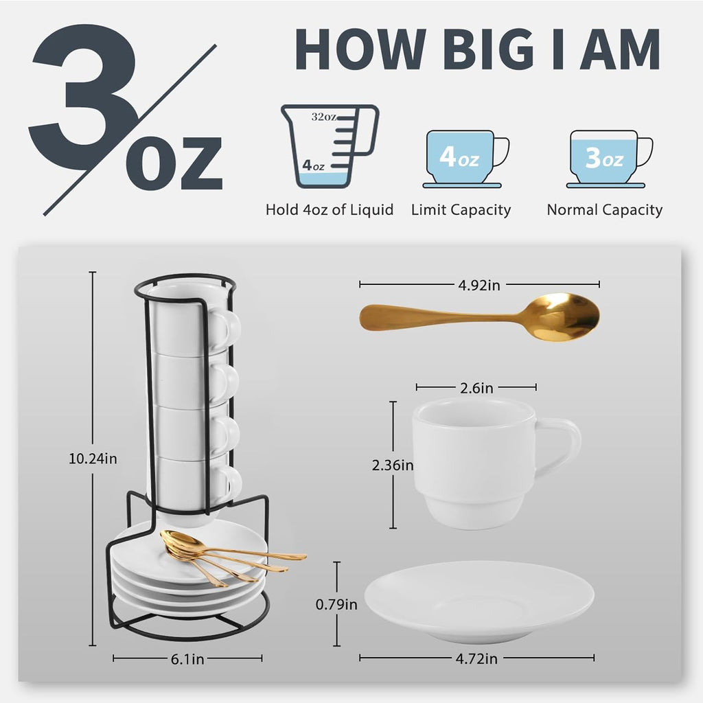 Lareina 3-Ounce Espresso Cups with Saucers, Spoons and Metal Stand, Small Stackable Coffee Cups Set of 4, Ceramic Demitasse Mugs, White