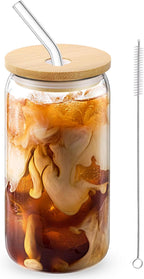 Glass Cups with Lids and Straws, 16oz Drinking Glasses, Iced Coffee Cups, Glass Tumbler with Lid, Great for Soda Boba Tea Cocktai (1 PACK)
