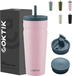 COKTIK 24oz Insulated Tumbler with Lid and Straw 2 Lids (Straw/Flip) Iced Coffee Cup Reusable Stainless Steel Travel Mug Water Bottle Cupholder Friendly for Women Men Her Him (Blush)