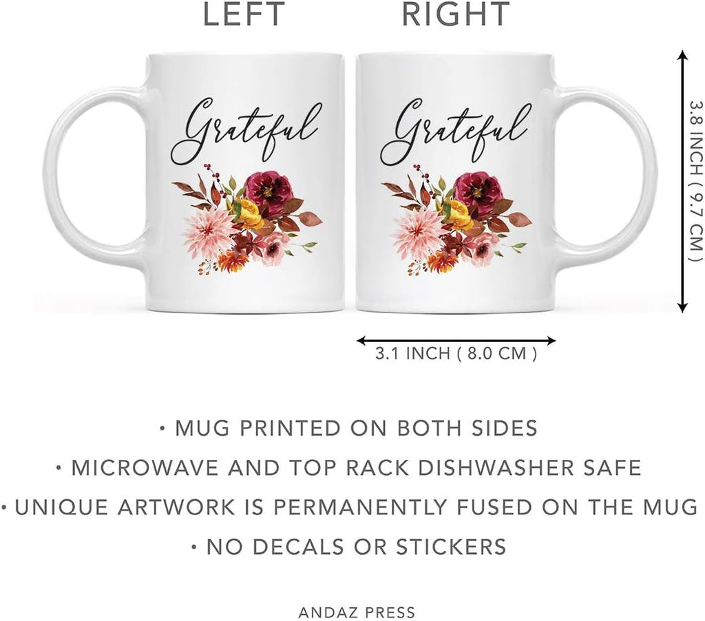 Andaz Press Fall Burgundy Marsala 11oz. Ceramic Coffee Tea Mug, Grateful, 1-Pack, Floral Blooms Graphic, Birthday, Friend, Family, Coworker, Autumn Season, Festive Thanksgiving Ideas