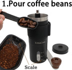 Manual Coffee Grinder for Home Use, Ceramic Burr Hand Crank Automatic Coarseness Stainless Steel Espresso Bean Mill for Travel Camping with Portable Storage Pouch, Easy to Clean Brush Spoon
