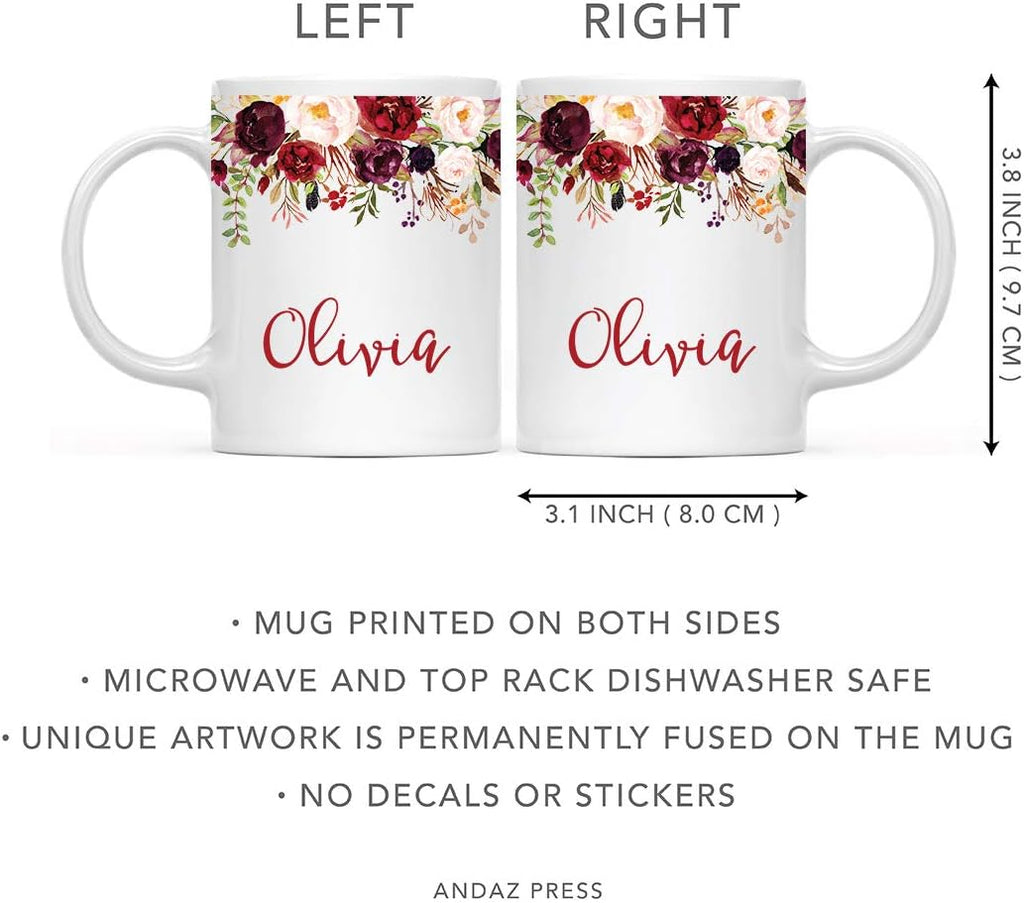 Andaz Press Personalized 11oz. Wedding Ceramic Coffee Tea Mug Bridesmaid Gift, Fall Autumn Marsala Burgundy Flowers Roses Florals, Olivia, 1-Pack, Includes Gift Box, Custom Name