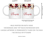 Andaz Press Personalized 11oz. Wedding Ceramic Coffee Tea Mug Bridesmaid Gift, Fall Autumn Marsala Burgundy Flowers Roses Florals, Olivia, 1-Pack, Includes Gift Box, Custom Name