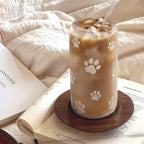 Paw Print 16oz Can Glass Tumbler with Acrylic Lid & Straw - Iced Coffee Cup for Women Cat Dog Mom, Aesthetic Cups Gifts for Birthday Christmas