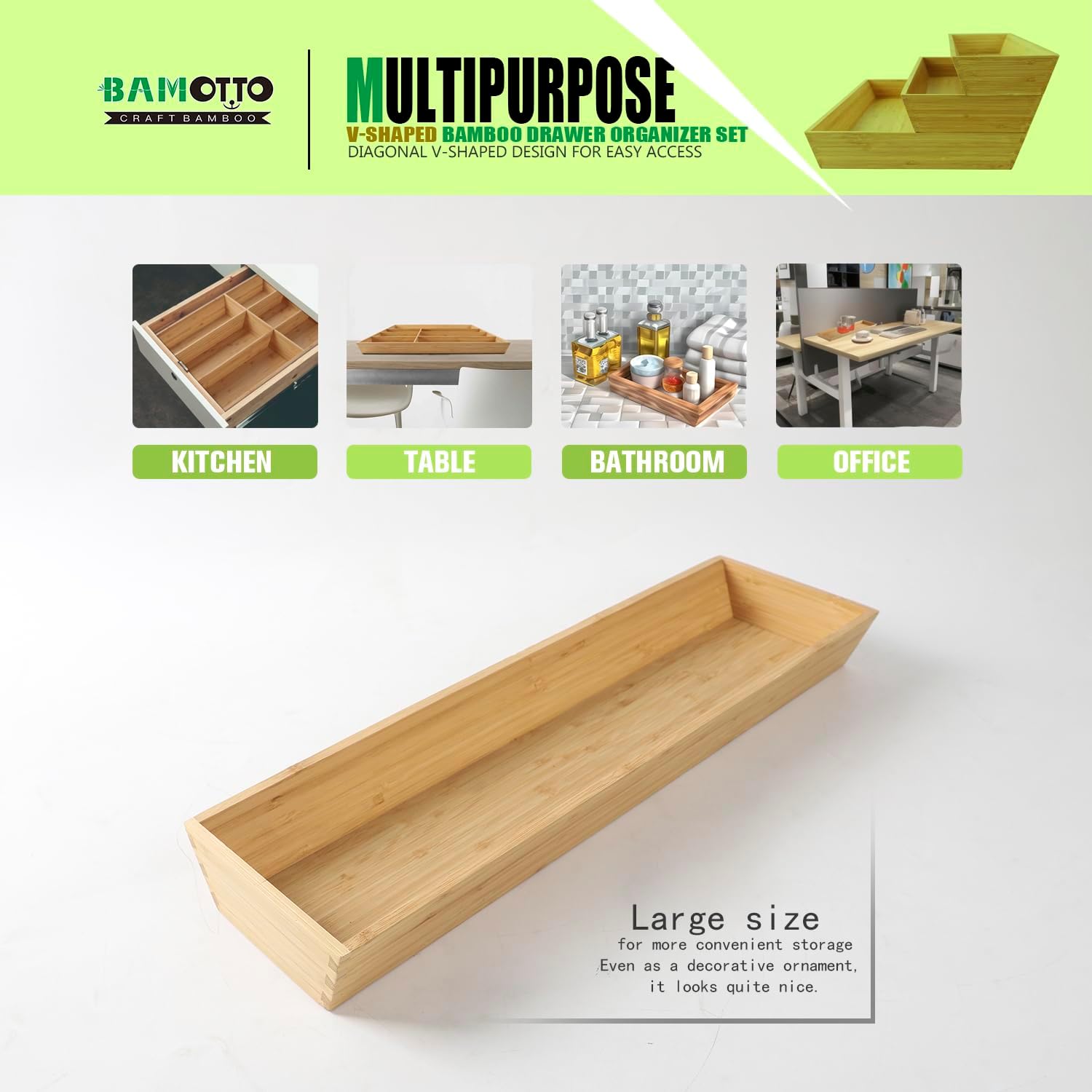 V-Shaped Bamboo Drawer Organizer Set of 3, Kitchen Large and Long Utensil Plate, Flatware & Silverware Storage Box, Wood Drawer Organizer for Bedroom, Living Room (19.6"x5.7" & 7.8" & 12.4")