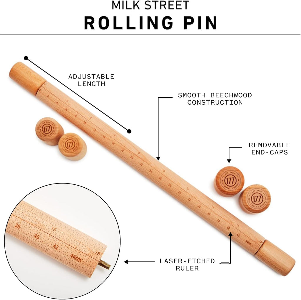 Milk Street Adjustable Rolling Pin – Precision Beechwood Dough Roller with Removable Height Guides & Laser -Etched Ruler – 23" Length for Cookies, Pie Crusts & Pasta