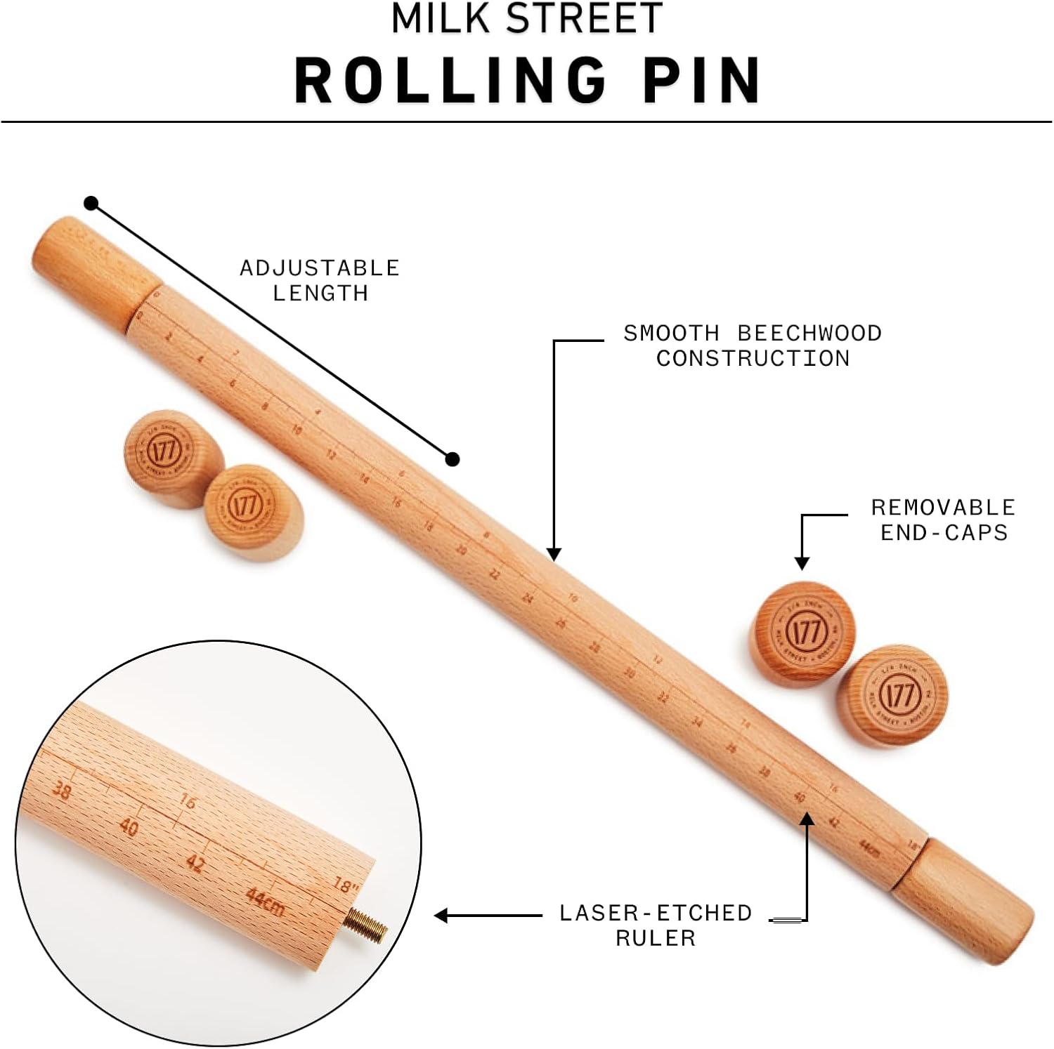 Milk Street Adjustable Rolling Pin – Precision Beechwood Dough Roller with Removable Height Guides & Laser -Etched Ruler – 23" Length for Cookies, Pie Crusts & Pasta