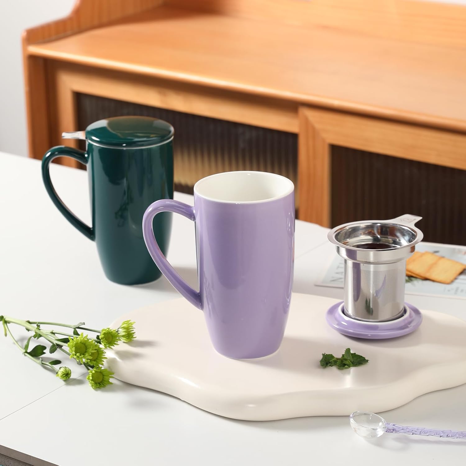 Sweejar Porcelain Tea Infuser Mug with Lid, 20 oz Teacup with Strainers for Loose Leaf Tea, Microwave and Dishwasher Safe Coffee Mug(Jade)