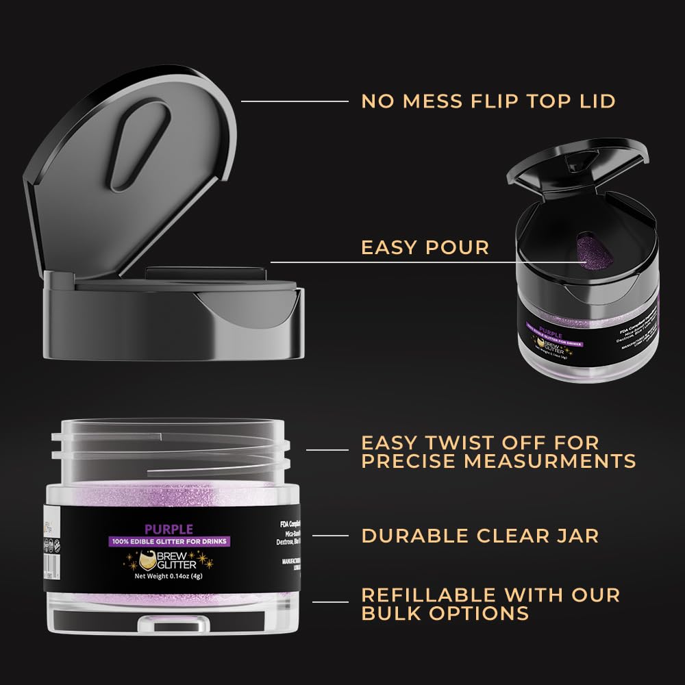 Brew Glitter Purple Edible Drink Glitter 1x 4g Jar for Cocktails, Beer, & Beverages