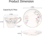 KAMMAK Tea Cups and Saucers Set of 2, Reinforced Porcelain Coffee Cups, 7.4-Ounce Stackable Espresso Mugs, Ceramic Demitasse for Coffee, Cappuccino, Latte, Americano, Tea, Lilac + Colorful