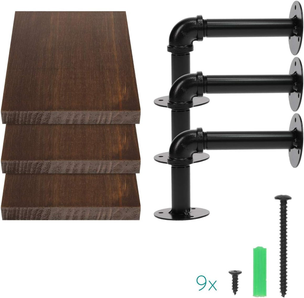 Navaris Industrial Pipe Shelf Set - 3 Small Wooden Shelves with Black Pipe Brackets - 5.9" x 7.9" Wall-Mounted Wood Shelving - Size S, Dark Brown