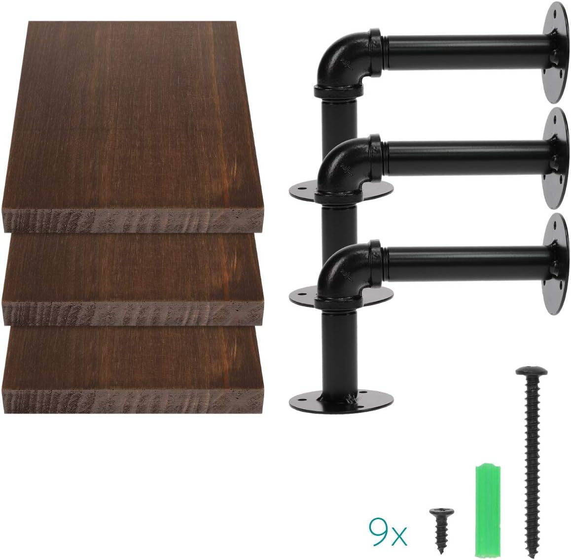Navaris Industrial Pipe Shelf Set - 3 Small Wooden Shelves with Black Pipe Brackets - 5.9" x 7.9" Wall-Mounted Wood Shelving - Size S, Dark Brown