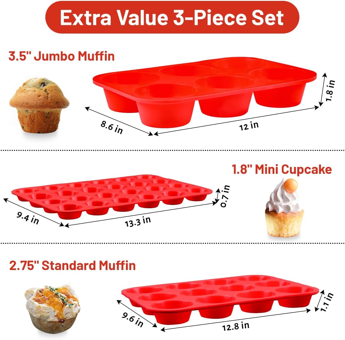 Silicone Muffin Pan Set - Mini 24 Cups, Regular 12 Cups Cupcake Pan, Jumbo 6 Cups Muffin Pan Silicone Bakeware for Baking Set of 3
