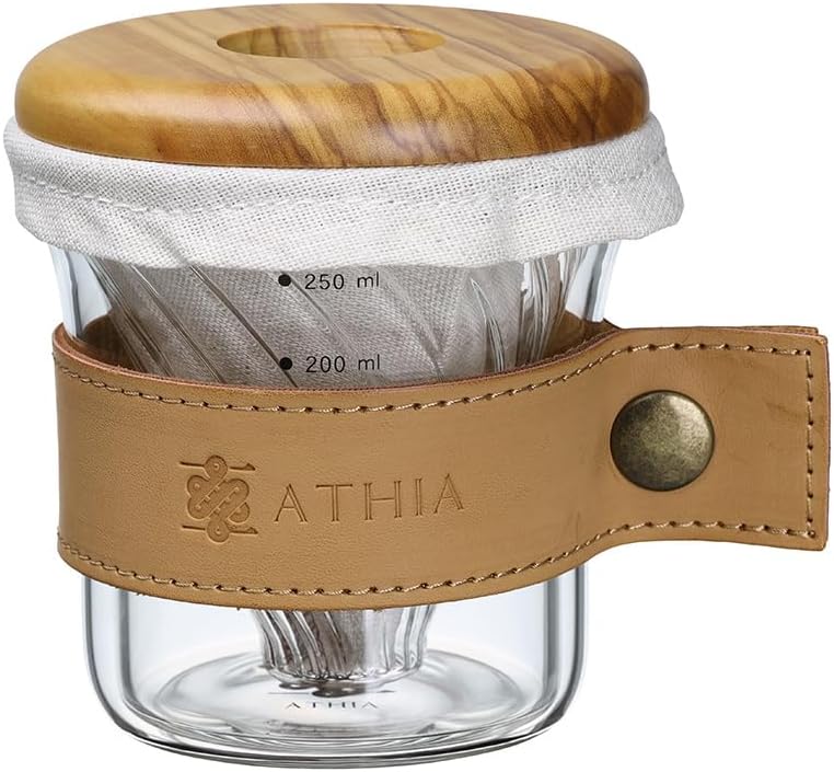 ATHIA glass pour over coffee maker set, minimalist drip coffee maker with reusable cloth filter, glass coffee dripper, olive lid & leather sleeve for single cup manual brewing (Olive Wood)