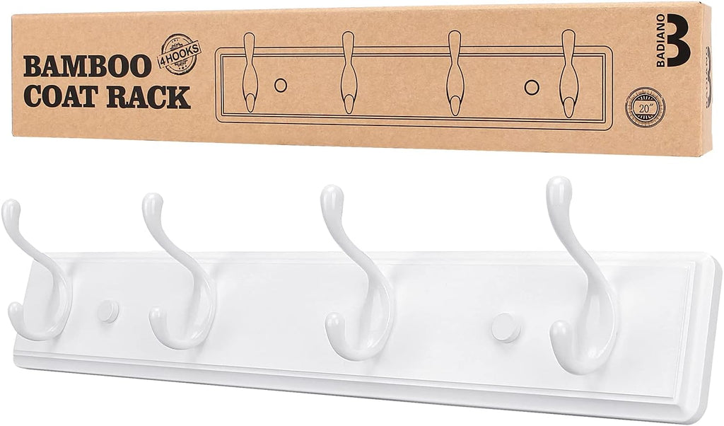 Wooden Coat Rack, Wall-Mounted Organizer for Closet, Entryway, Hallway, Foyer, Bedroom, Heavy Duty Double Hooks for Hanging Towels, Bags, Hats, Jackets, Key (White, 4 Hooks)