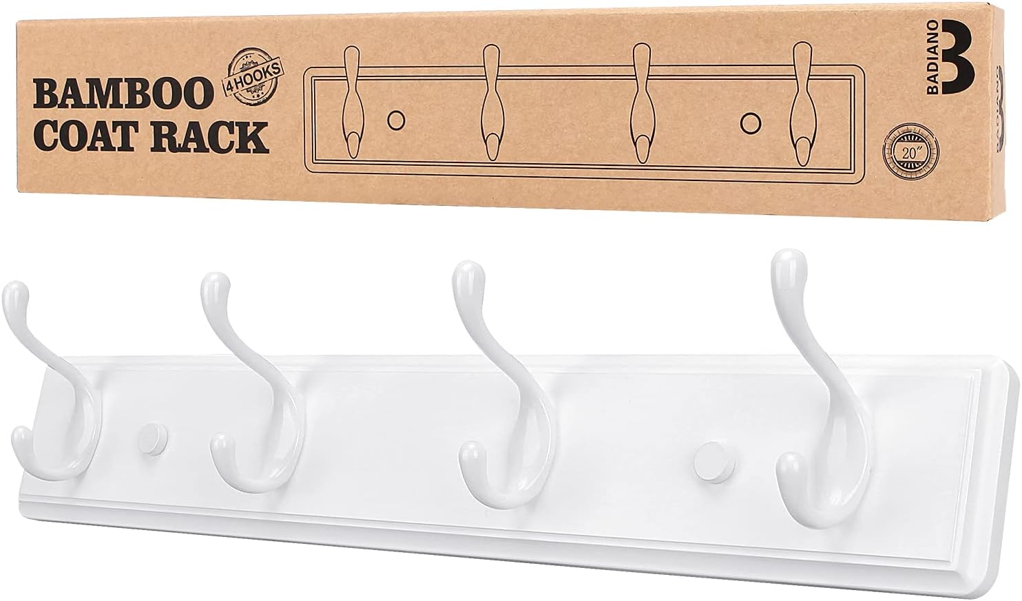 Wooden Coat Rack, Wall-Mounted Organizer for Closet, Entryway, Hallway, Foyer, Bedroom, Heavy Duty Double Hooks for Hanging Towels, Bags, Hats, Jackets, Key (White, 4 Hooks)