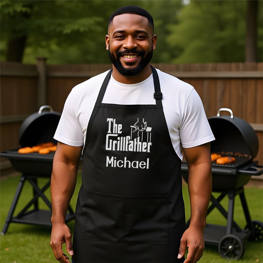 Personalized Chef Apron for Men, Custom Embroidered Design, Professional Kitchen Cooking BBQ Grilling for Dad, Decorated in USA