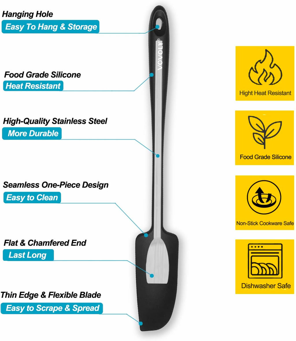 2-Pack Vovoly Silicone Jar Spatulas, Small Seamless Design Rubber Scraper with Stainless Steel Core, Heat Resistant and Non-Stick Mini Spatula for Jars and Blenders, BPA Free,11 IN, Black