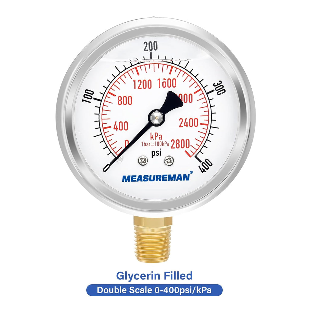 MEASUREMAN 2-1/2" Dial Size, Glycerin Filled Pressure Gauge, 0-400psi/2800kpa, 304 Stainless Steel Case, 1/4" NPT Lower Mount