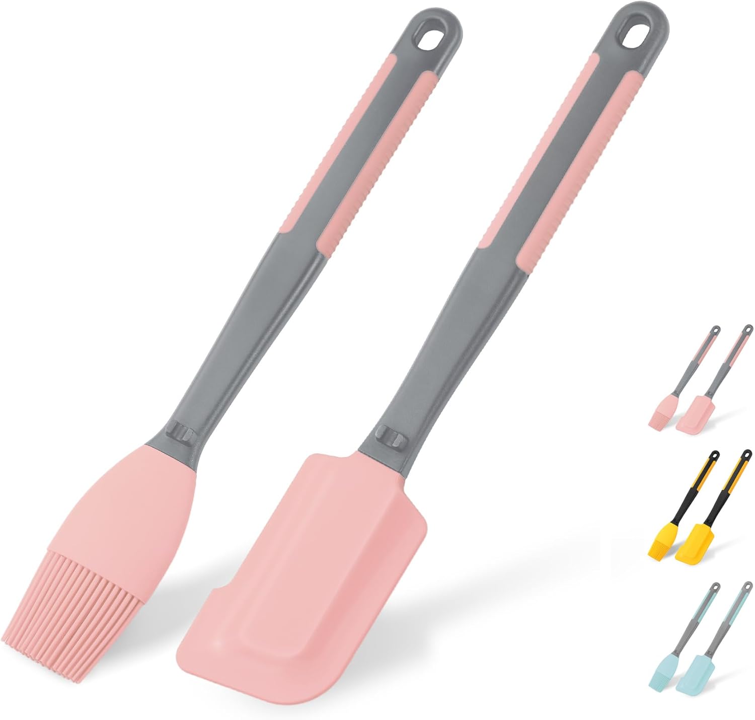 Extra Long Pastry Brush - Silicone Spatula - Basting Brush+Spatula Silicone Heat Resistant,for Baking Scraping Mixing BBQ Grill Kitchen Cooking Spread Oil Butter Sauce (Pink Brush+Spatula)