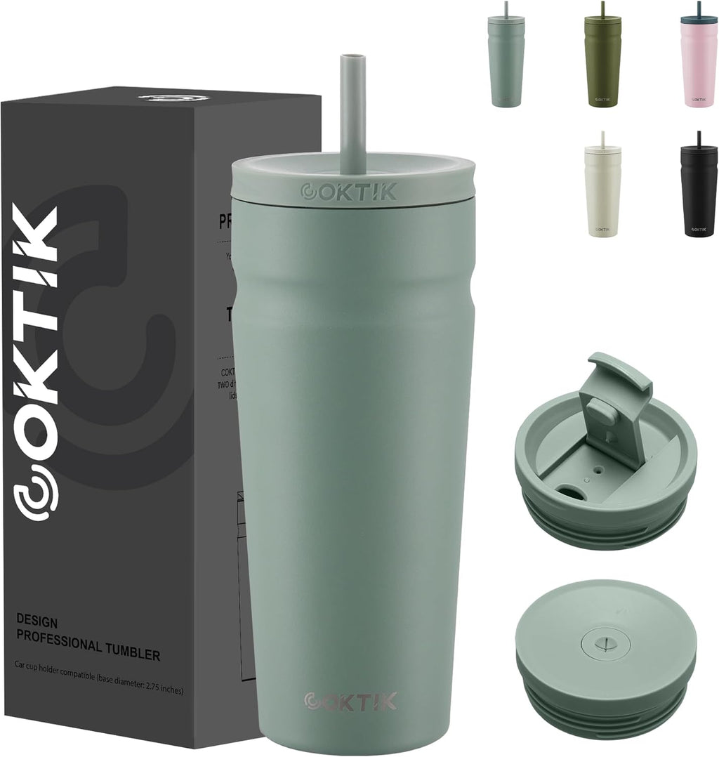 COKTIK 24oz Insulated Tumbler with Lid and Straw 2 Lids (Straw/Flip) Iced Coffee Cup Reusable Stainless Steel Travel Mug Water Bottle Cupholder Friendly for Women Men Her Him (Bay Leaf)