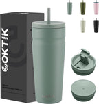 COKTIK 24oz Insulated Tumbler with Lid and Straw 2 Lids (Straw/Flip) Iced Coffee Cup Reusable Stainless Steel Travel Mug Water Bottle Cupholder Friendly for Women Men Her Him (Bay Leaf)