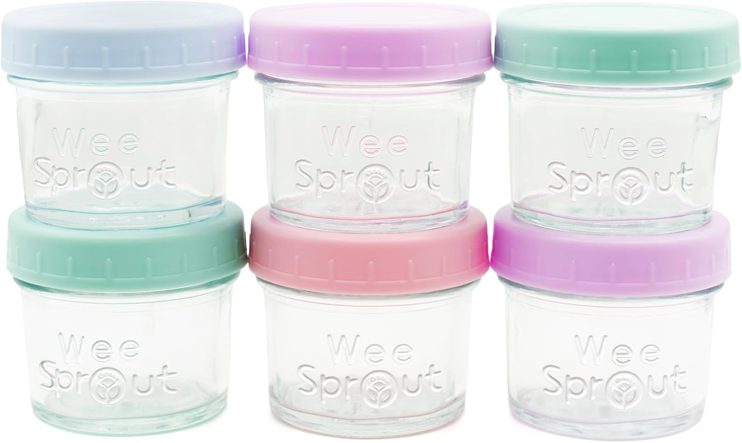 WeeSprout Baby Food Storage Glass Jars w/Lids (4 oz, 6 Pack) Pastel Variety, Snack, Reusable Small Containers, Fridge or Freezer, Microwave & Dishwasher Safe, Essentials for Infants