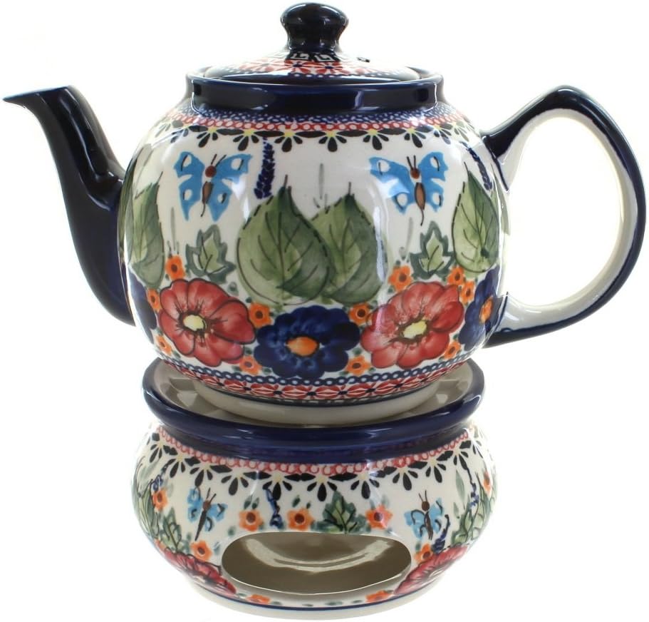 Blue Rose Polish Pottery - Red Floral Butterfly Teapot with Warmer - 4 Cup Teapot - Hand-Painted Polish Pottery Coffee & Tea Service