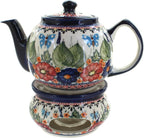 Blue Rose Polish Pottery - Red Floral Butterfly Teapot with Warmer - 4 Cup Teapot - Hand-Painted Polish Pottery Coffee & Tea Service