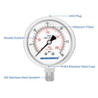 MEASUREMAN Fully Stainless Steel Hydraulic Glycerin Filled Pressure Gauge, 2-1/2" Dial Size,0-30psi/kpa,1/4" NPT Lower Mount