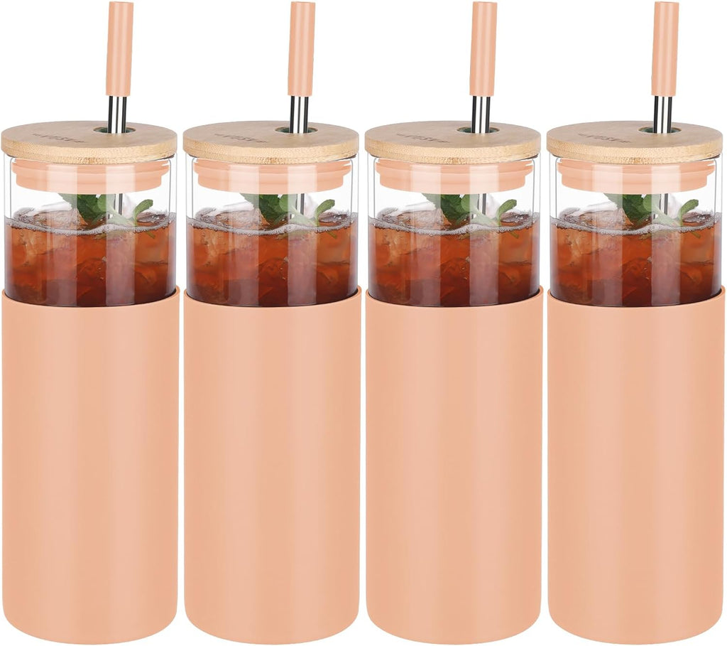 Glass Tumbler w/Lids & Straw:24oz Reusable Mug w/Bamboo Lid,Stainless Steel Straw, BPA-Free, Leak-Proof, Dishwasher Safe for Coffee, Smoothies, Hot Beverages,Travel,Office,Home Use,4-PK,Amber
