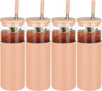 Glass Tumbler w/Lids & Straw:24oz Reusable Mug w/Bamboo Lid,Stainless Steel Straw, BPA-Free, Leak-Proof, Dishwasher Safe for Coffee, Smoothies, Hot Beverages,Travel,Office,Home Use,4-PK,Amber