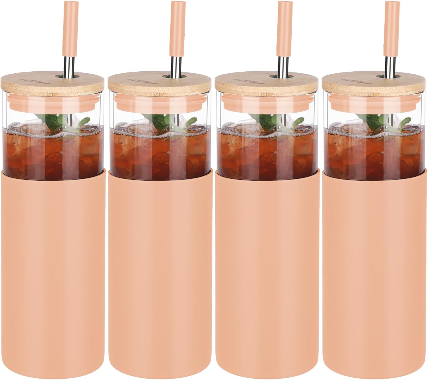 Glass Tumbler w/Lids & Straw:24oz Reusable Mug w/Bamboo Lid,Stainless Steel Straw, BPA-Free, Leak-Proof, Dishwasher Safe for Coffee, Smoothies, Hot Beverages,Travel,Office,Home Use,4-PK,Amber