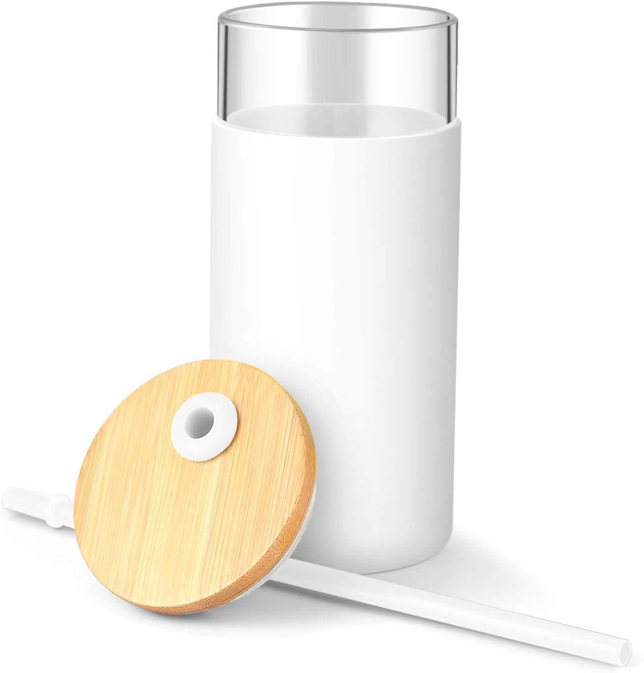 Tronco 20 oz Glass Tumbler With Lids and Straws, Glass Water Bottle Silicone Protective Sleeve, Iced Coffee Cup With Bamboo Lid, Reusable Smoothie Cup, BPA Free (White 2 Count)