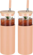 Glass Tumbler w/Lids & Straw - 24oz Reusable Glass Mug/Bamboo Lid & Stainless Steel Straw-BPA-Free,Leak-Proof,Dishwash Safe for Coffee/Smoothies/Hot Beverages, Travel/Office/Home Use,2-pk,Amber