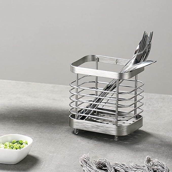 Utensil Holder, Stainless Steel Sink Utensil Holder Countertop, Kitchen Utensil Drying Caddy, Cutlery Drainer for Utensil, Rust-Proof Cutlery Utensil Organizer (Silver)