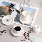 Sweejar Porcelain Espresso Cups with Saucers, 2.5 Ounce Stackable Cappuccino Cups with Metal Stand for Coffee Drinks, Latte, Tea - Set of 4 (Black)