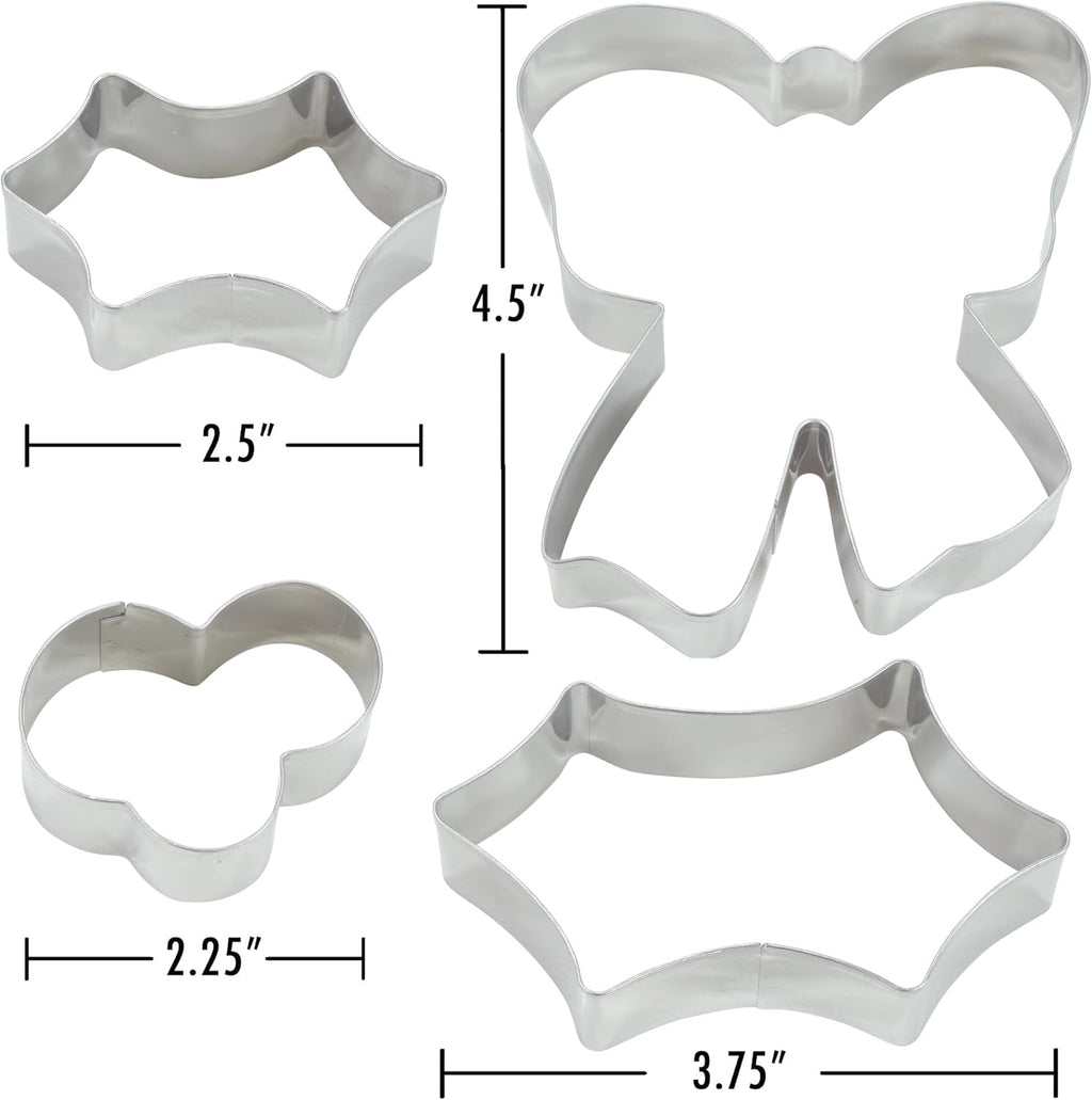 R&M International 2030 Christmas Holiday Wreath Centerpiece Cookie Cutters, Holly Leaves, Berries, Holiday Bow, 4-Piece Set