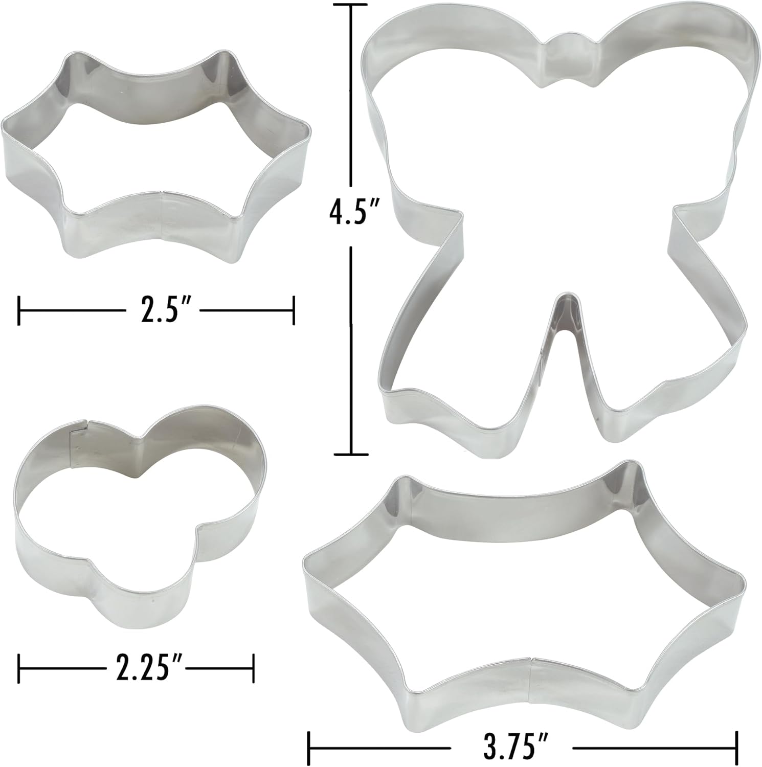 R&M International 2030 Christmas Holiday Wreath Centerpiece Cookie Cutters, Holly Leaves, Berries, Holiday Bow, 4-Piece Set