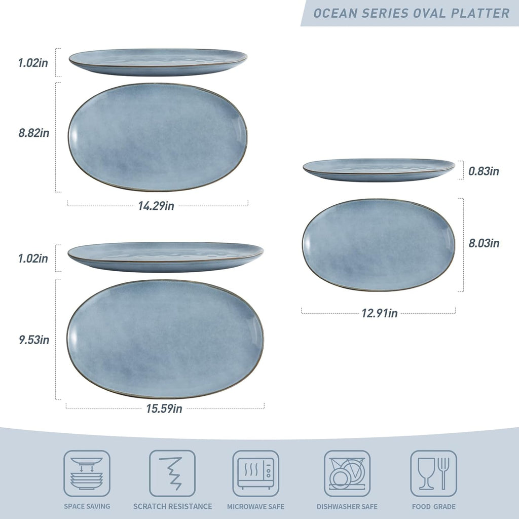 famiware Serving Platter, Oval 15.59/14.3/12.9inch Serving Dishes for Entertaining, Serving Bowls, Reactive Glaze, Stoneware Serving Trays for Party, Food, Turkey, Cheese, Ocean Series, Blue
