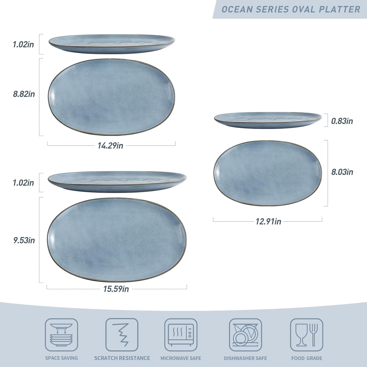 famiware Serving Platter, Oval 15.59/14.3/12.9inch Serving Dishes for Entertaining, Serving Bowls, Reactive Glaze, Stoneware Serving Trays for Party, Food, Turkey, Cheese, Ocean Series, Blue