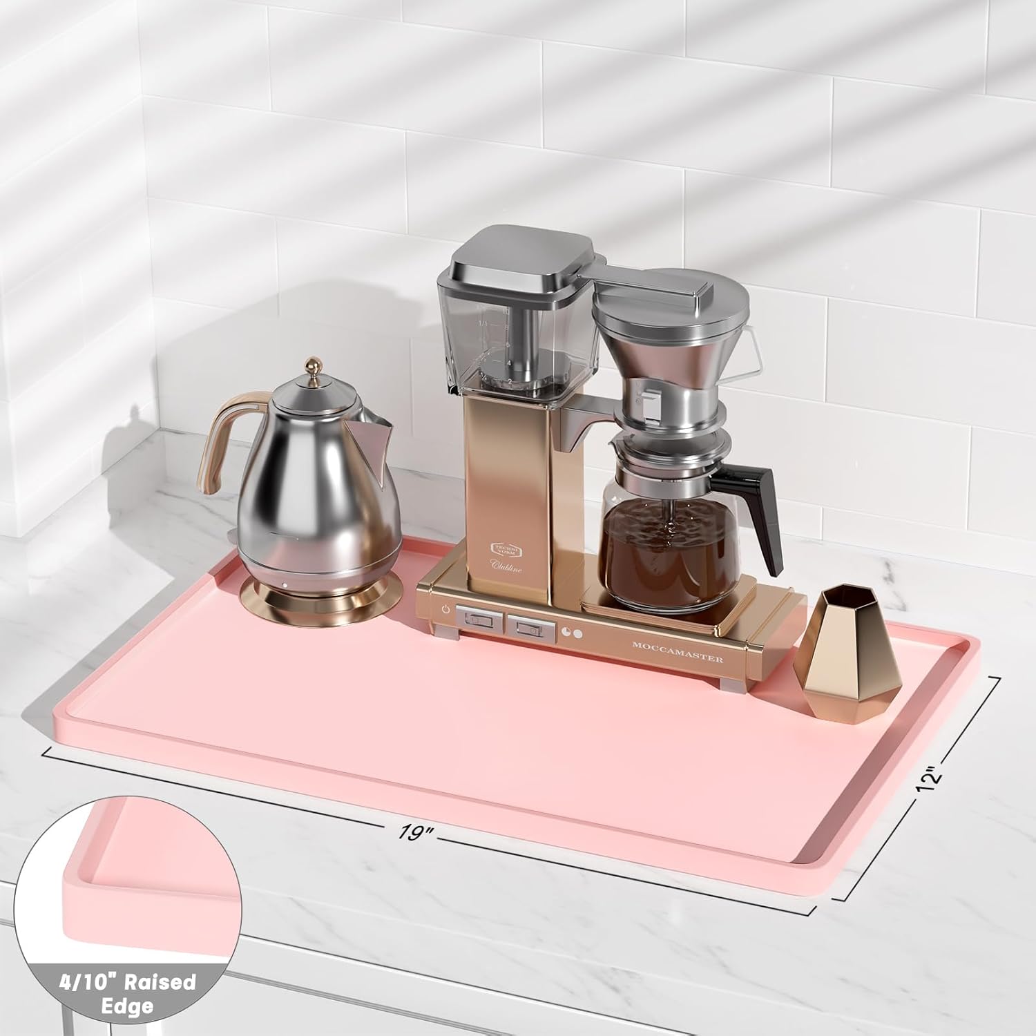 Rnivvi Silicone Coffee Mat, 12" x 19" Waterproof Raised Edge Coffee Bar Mats for Espresso Machine Station Accessories, Heat Resistant Dish Drying Pad for Kitchen Counter, Rubber Bar Decor Pad, Pink