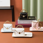 YnsfreeCeramic Purse Coffee Mugs Set Tea Cup Unique Bag shaped mug and Saucer Set with Spoon and Saucer For Women Thanksgiving Christmas Gifts (Blue)