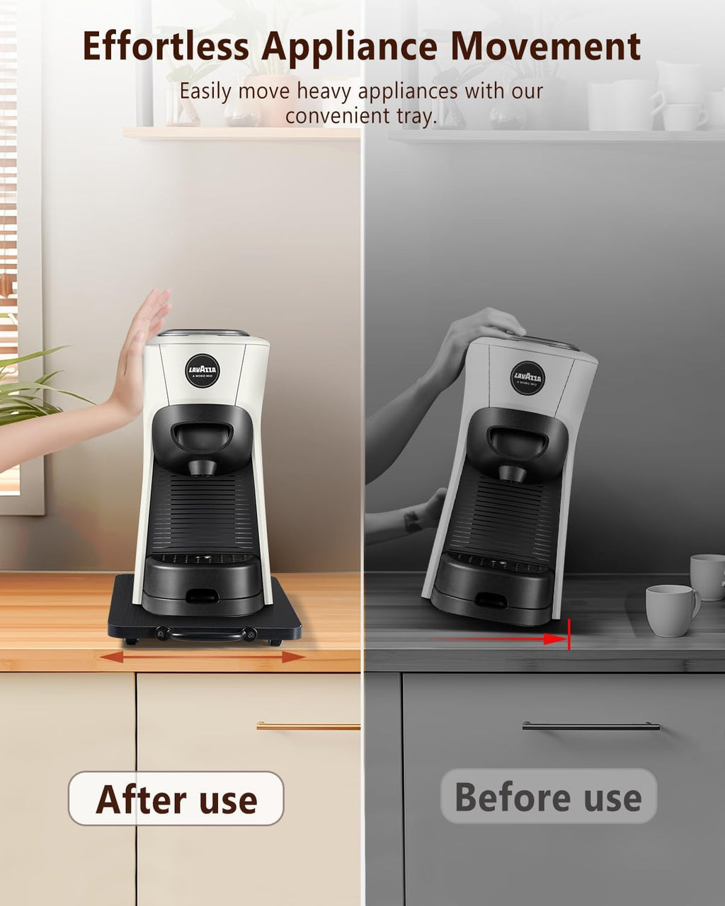 Appliance Slider, Sliding Tray for Coffee Maker, Coffee Pot Slider for Countertop, Kitchen Appliance Rolling Tray with Rubber Wheels,Medium - Long, Black (9.5” X 13”)