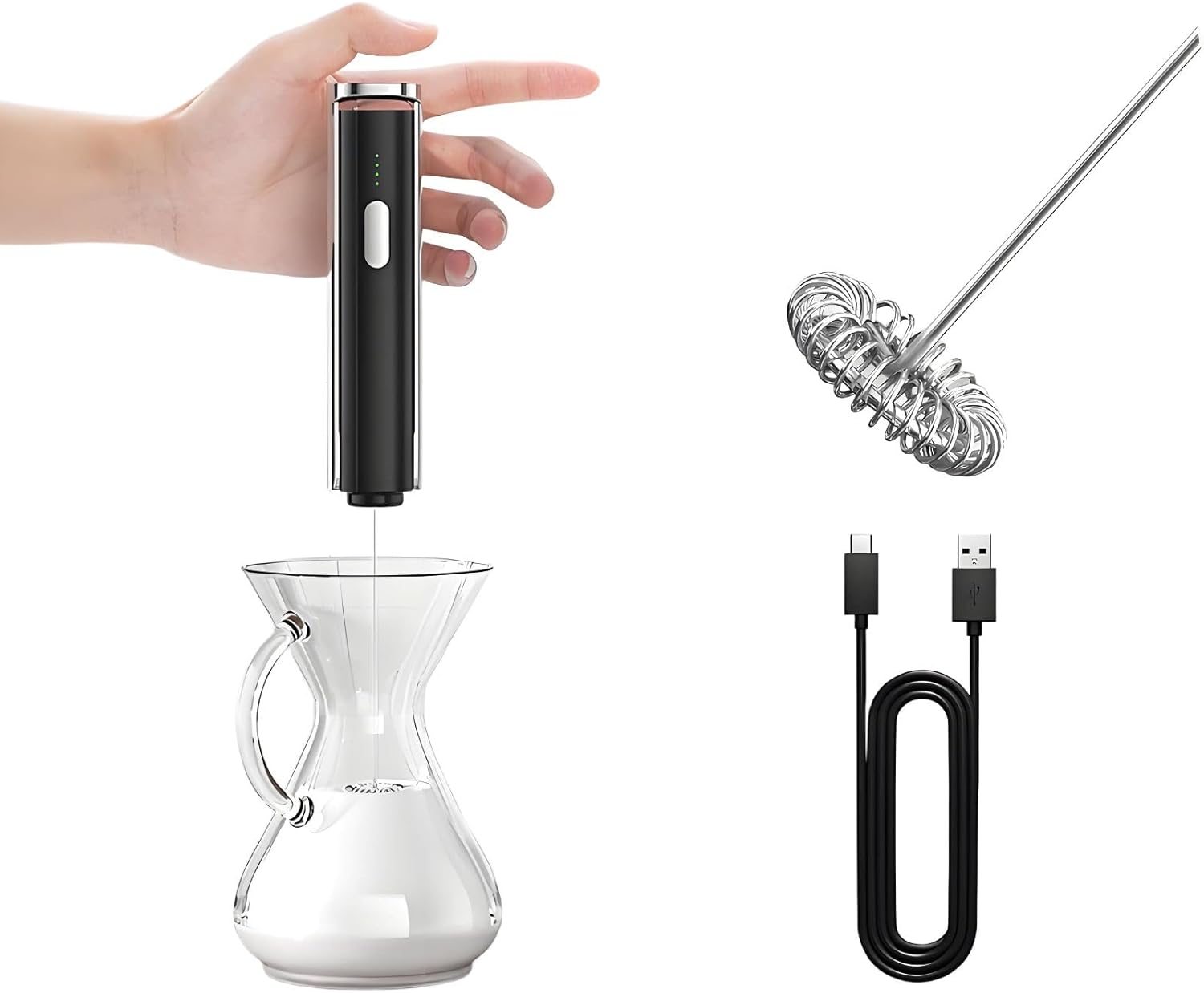 Electric Milk Frother Handheld & Stand, Rechargeable with Detachable Whisk - Fast Foam Maker for Latte, Cappuccino, Hot Chocolate, Egg – Black