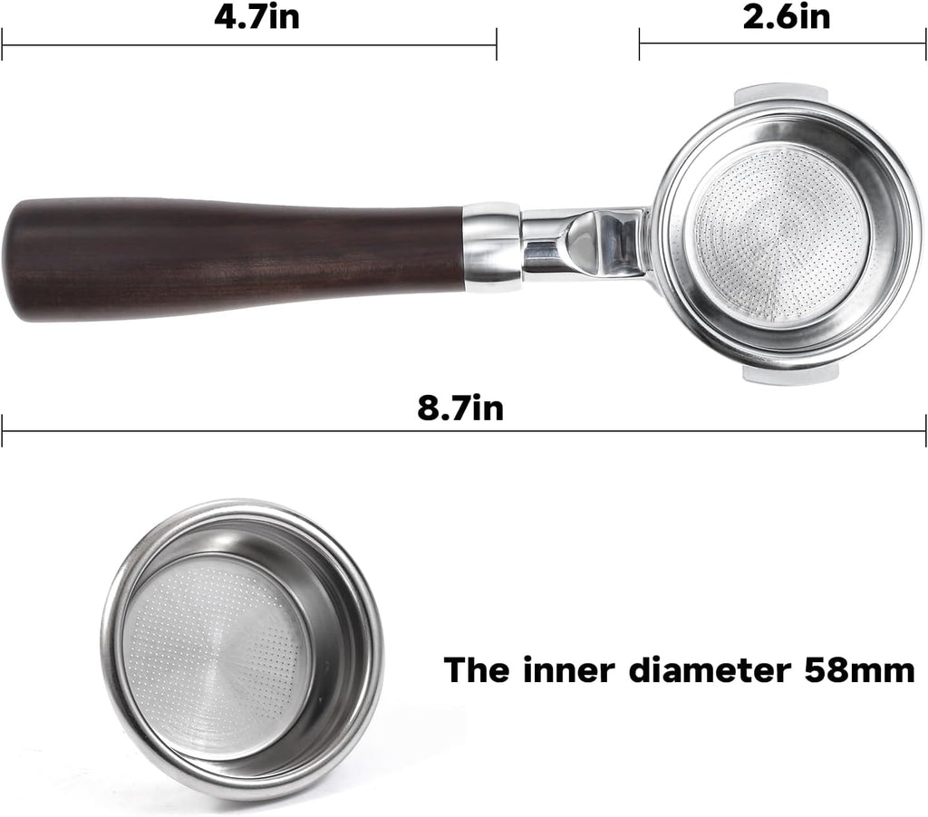58mm Bottomless Portafilter with Double Shot Filter Basket & Wood Handle for Breville Oracle, Oracle Touch, Dual Boiler BES980XL BES990BSS BES920XL Espresso Machine