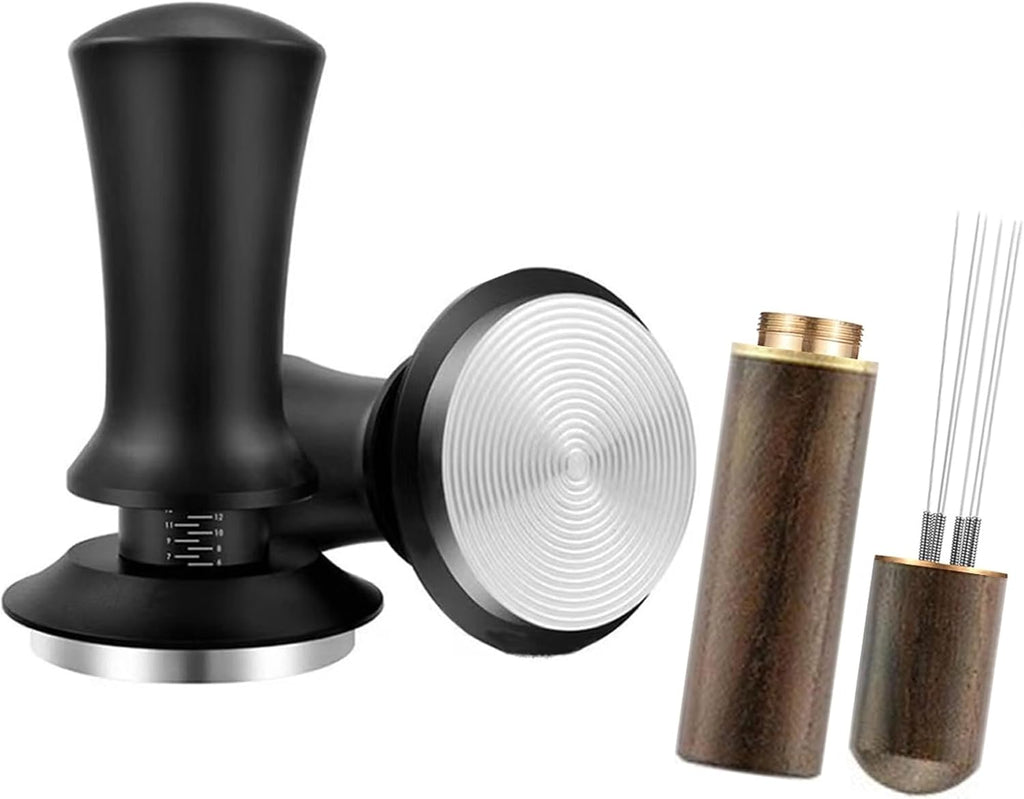 51mm Espresso Tamper and Stirrer Set, Adjustable Spring Loaded Calibrated Coffee Tamper Barista Accessories Kit, Black