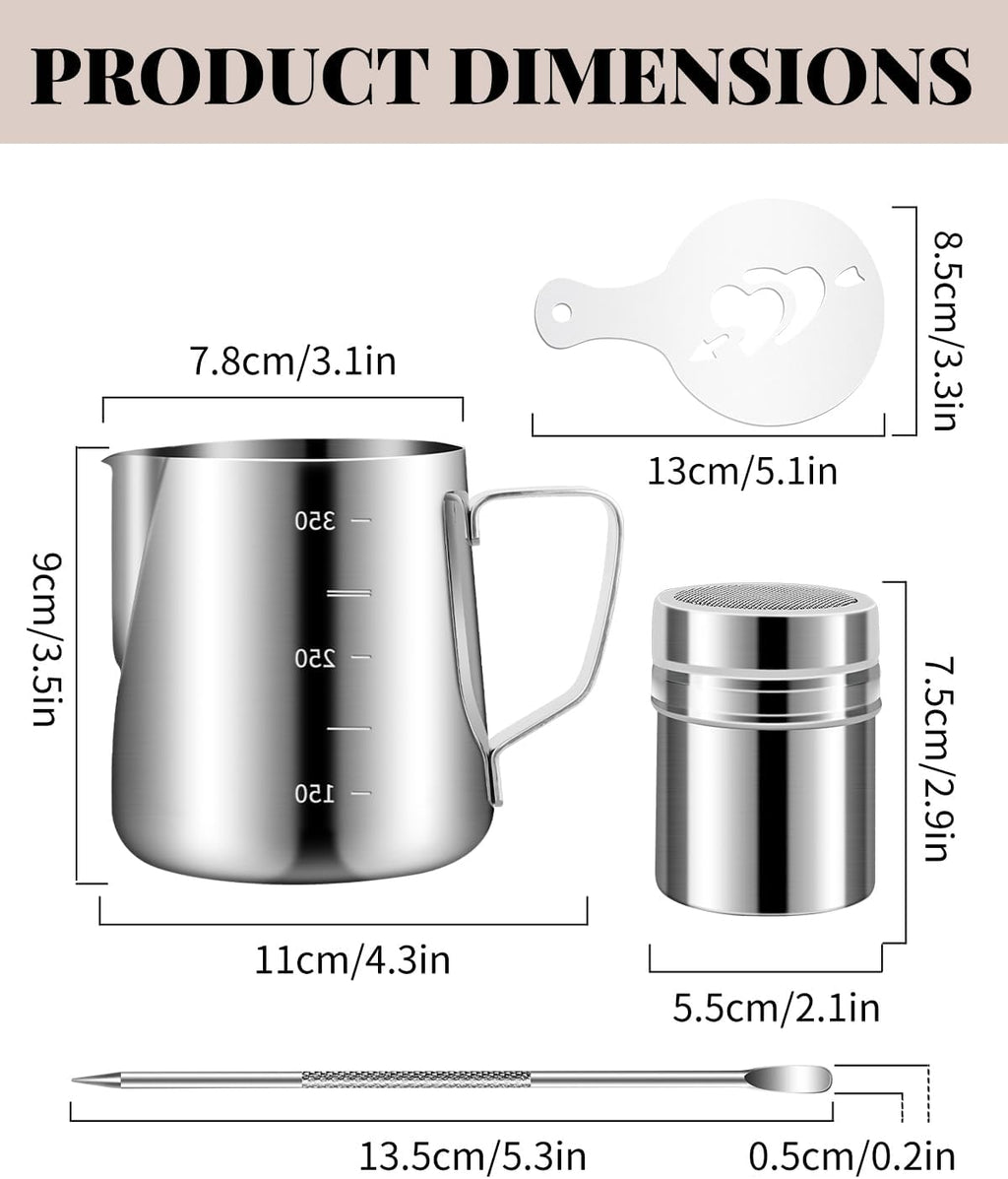 Milk Frothing Pitcher 350ml/12oz Steaming Pitchers Stainless Steel Milk Cappuccino Coffee with Decorating Art Pen, Powder Shaker, 16 Pieces Coffee Decorating Stencils