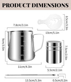 Milk Frothing Pitcher 350ml/12oz Steaming Pitchers Stainless Steel Milk Cappuccino Coffee with Decorating Art Pen, Powder Shaker, 16 Pieces Coffee Decorating Stencils